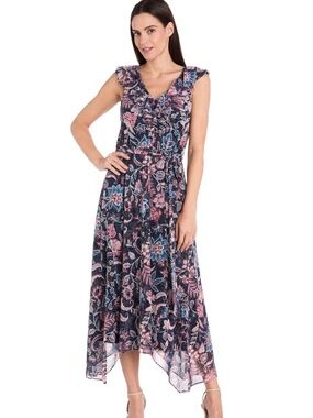 R&M Richards Floral V-Neck Sleeveless Maxi Dress in Navy and Pink. Sz 10.
